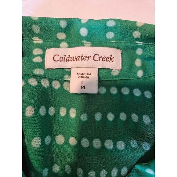 Coldwater Creek green white chiffon top shirt size L 14 polka dot blouse - Picture 7 of 9